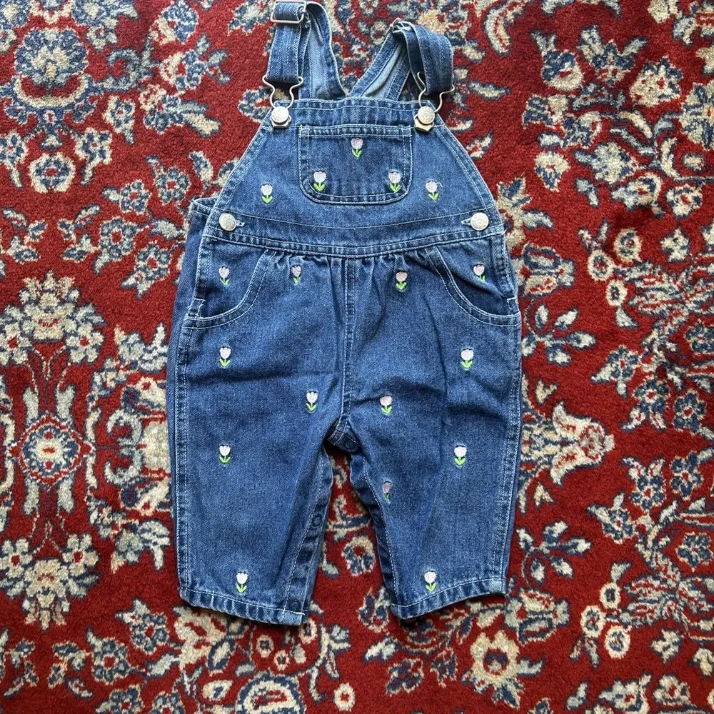 Vintage Denim Overalls Embroidered Tulips Girls 3-6 Months 90s Made In USA